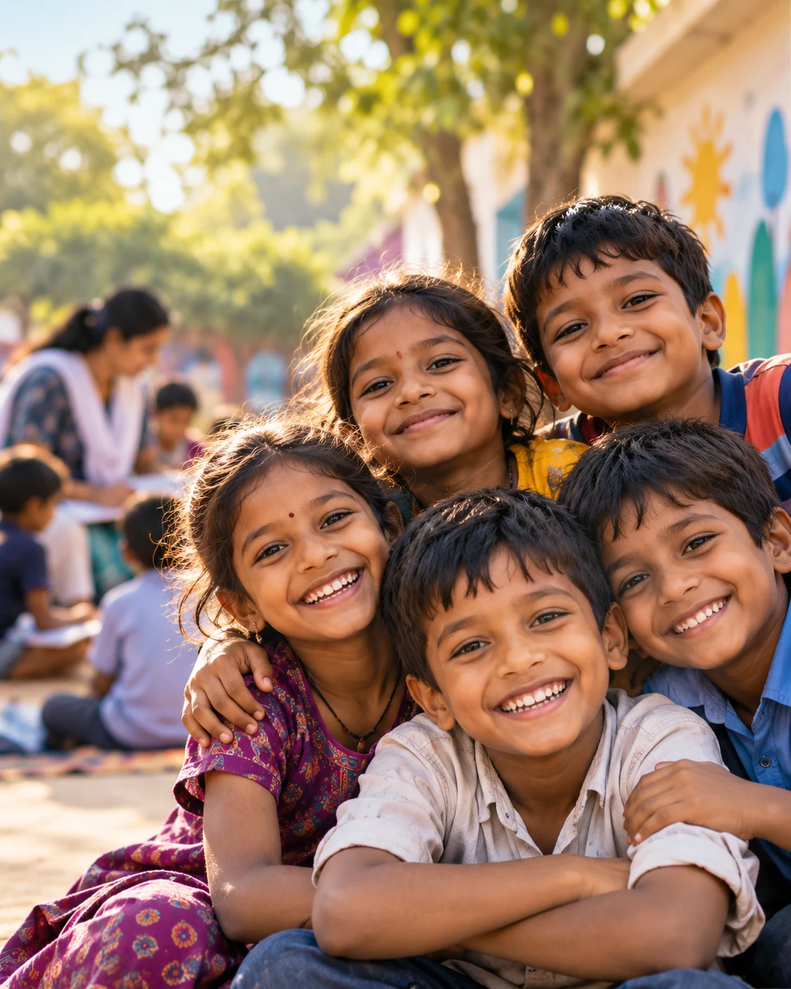 Smiling Indian children in a community learning setting